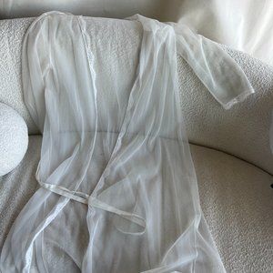 Elegant sheer robe with lace detailing, size medium